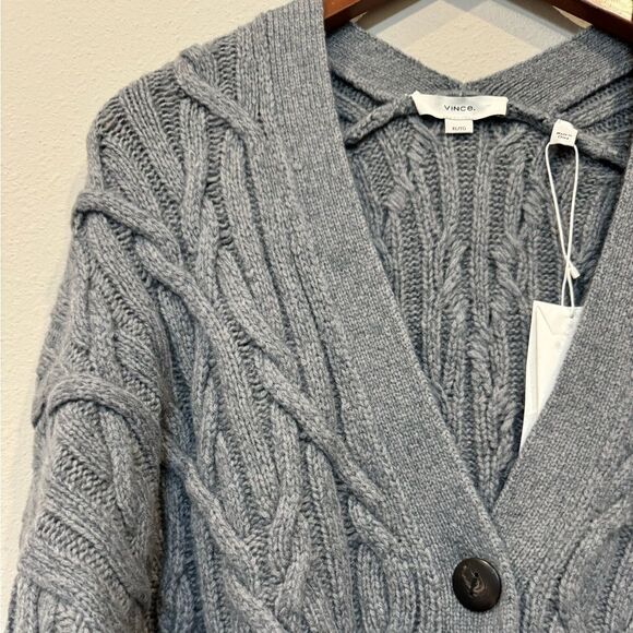 Vince Chunky Cable Knit Wool Cashmere Cardigan XL V-Neck Button Front Gray - Picture 7 of 14